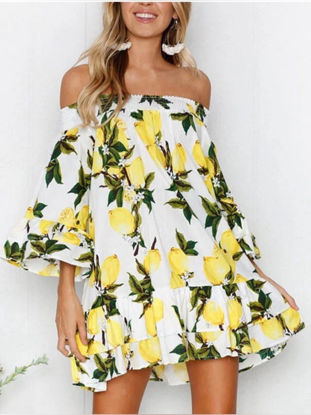 blue island One-Shoulder Lemon Print Mini Dress - White & Yellow